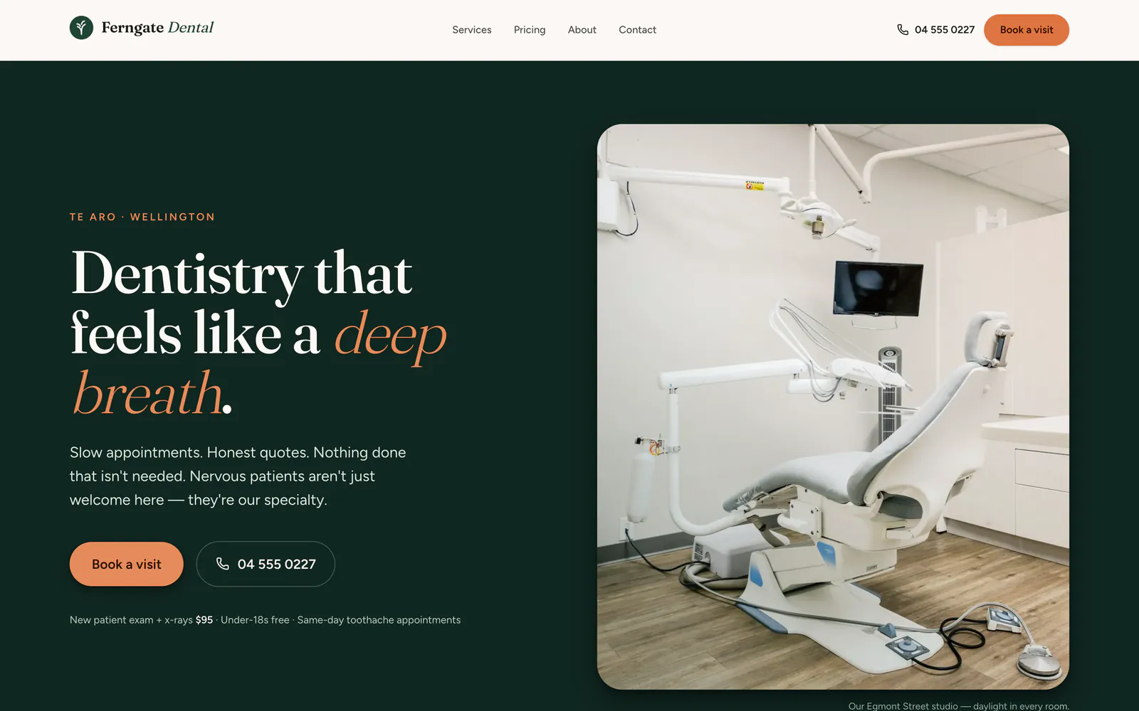 Ferngate Dental homepage hero — an elegant serif headline on deep green beside a photo of a calm, daylit dental treatment room