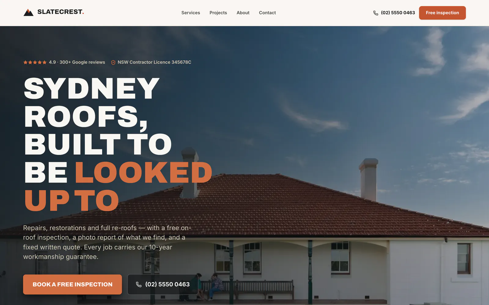 Slatecrest Roofing homepage hero — a bold condensed headline over a full-bleed dusk photo of a Federation home re-roofed in terracotta tile beneath a moody Sydney sky