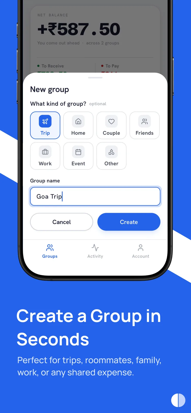 Split Today store banner, “Create a Group in Seconds” — the new-group sheet with type chips for trips, roommates, family, and work