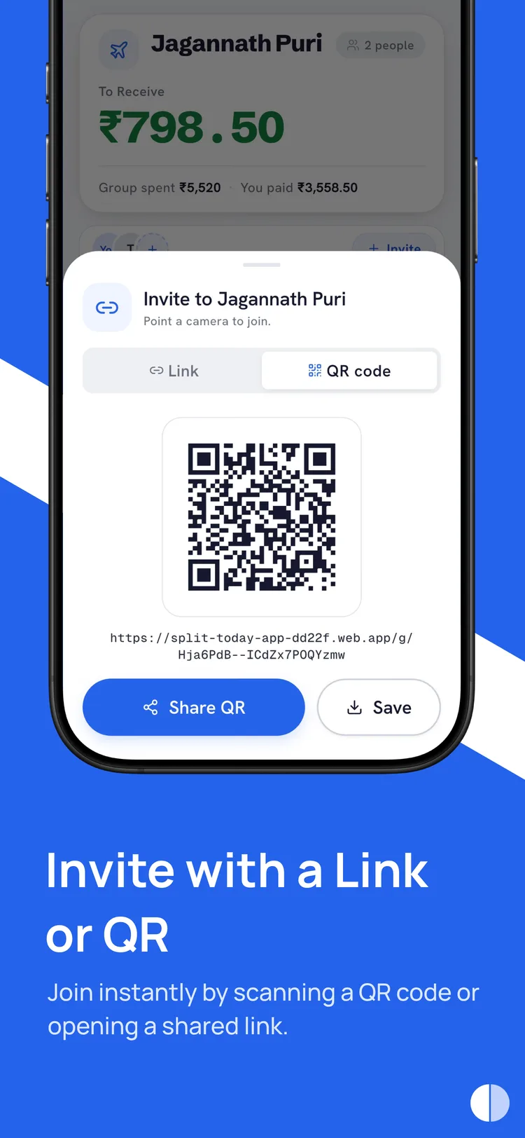 Split Today store banner, “Invite with a Link or QR” — the group invite sheet with a scannable QR code and share options