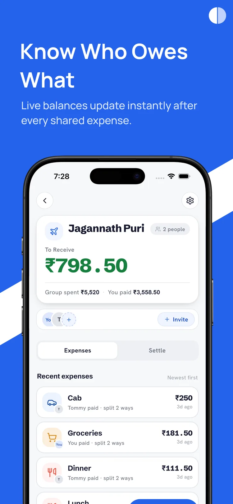 Split Today store banner, “Know Who Owes What” — the Jagannath Puri group with a ₹798.50 balance and recent expenses